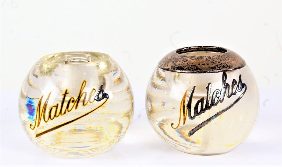 Pair of early 20th century glass and silver mounted match strikers, (marks rubbed), each of