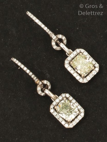 Pair of white gold earrings, each adorned with...