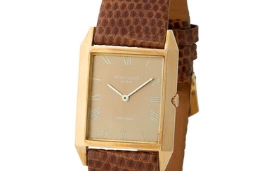 Patek Philippe. Fine and Elegant “Skater” Rectangular-shape Wristwatch in Yellow Gold, Reference 3491 Retailed by Cartier and Extract from Archives