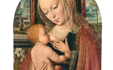 Pays-Bas, XVIe siècle La Vierge à l'Enfant allaitantHuile sur panneau de chêne, de forme cintrée...