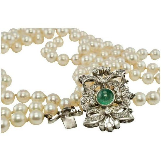 Pearl Necklace Three Strands Emerald Diamond Clasp 18"