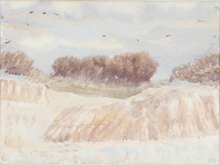 Peter Hansen (b. Faaborg 1868, d. s.p. 1928) Haystacks in a field....