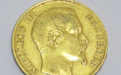 Pièce en or de 20 Francs "Napoléon III-tête nue" datée de 1857, Atelier "A" (Paris)....