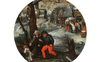 Pieter Brueghel d. J., 1564 - 1636 Antwerpen, PAAR MIT KIND ENTFLIEHT EINER RAUFEREI/ TONDO ALS GEMALTES SPRICHWORT?