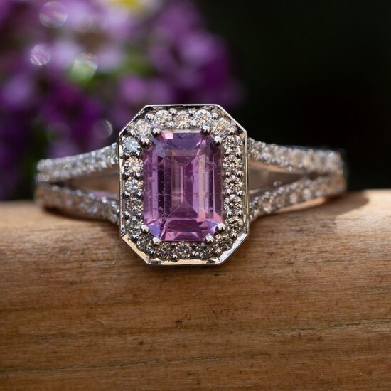 Pink Sapphire Diamond Ring - 18 kt. White gold - Ring - 1.27 ct Pink Sapphire - 0.35 Carat D/ VVS natural Diamond