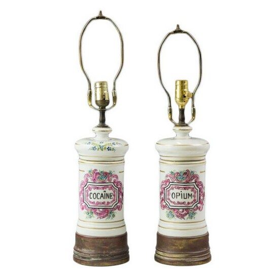 Porcelain Apothecary Jar Opium & Cocaine Lamp PAIR