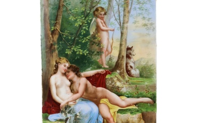 Porcelain plaque Lovers, Tricks of Cupid. Europe 19th century.