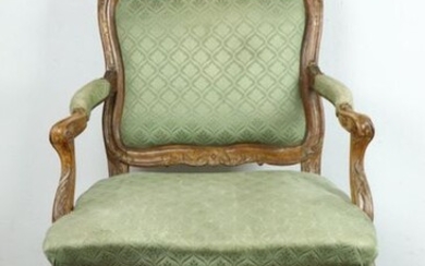 Queen's armchair, with frame, in moulded and carved wood.