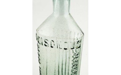 REEVES PATENT POISON BOTTLE. 7.3ins tall, aqua glass. Offset...