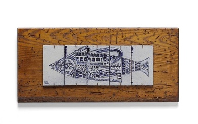 ROGER CAPRON Decorative panel mounted on a wooden board composed of five tiles with a graffitied