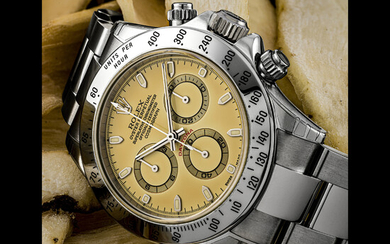 ROLEX. A STAINLESS STEEL AUTOMATIC CHRONOGRAPH WRISTWATCH WITH BRACELET AND “IVORY” COLOUR DIAL DAYTONA MODEL, REF. 116520, CIRCA 2003