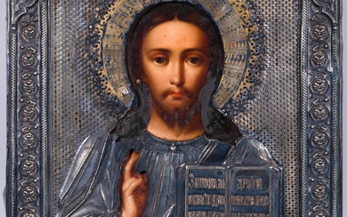 RUSSIAN, MOSCOW, 1896, MAKER'S MARK CG , ICON OF CHRIST PANTOCRATOR, 10 3/4 x 8 3/4 in. (27.3 x 22.2 cm.)