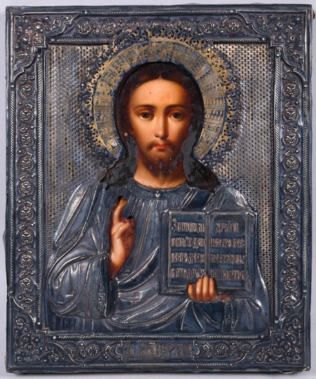 RUSSIAN, MOSCOW, 1896, MAKER'S MARK CG, ICON OF CHRIST PANTOCRATOR, 10 3/4 x 8 3/4 in. (27.3 x 22.2 cm.)