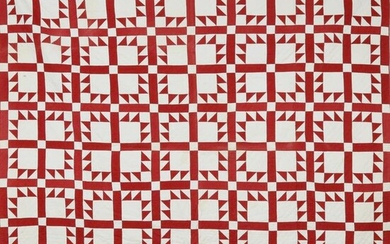Red and White "Triangles In a Square" Patchwork Quilt