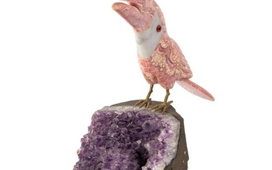 Rhodochrosite Toucan Bird & Raw Amethyst Sculpture