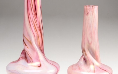 Rindskopf Style Bohemian Cranberry Marbled and Iridescent Art Glass Vases