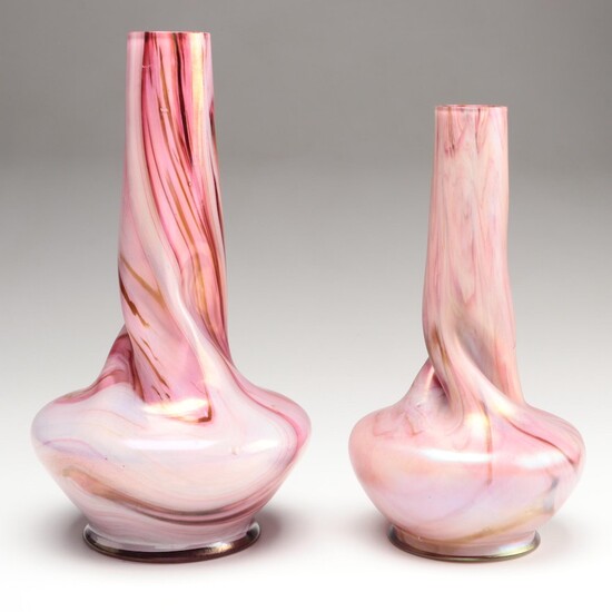 Rindskopf Style Bohemian Cranberry Marbled and Iridescent Art Glass Vases