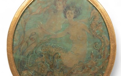 Robert Lewis Reid (American, 1862-1929) Art Nouveau Oval Oil on Canvas, "Mermaids Under the Sea", H