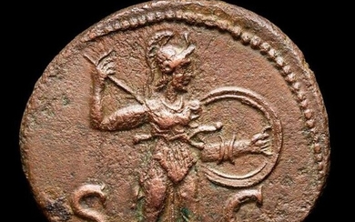 Roman Empire. Claudius (AD 41-54). Æ As,Rome mint, AD 41-42 - S C. Minerva brandishing javelin and shield