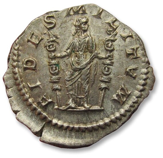 Roman Empire. Macrinus (AD 217-218). Silver Denarius,Macrinus, Rome mint 217-218 A.D. - FIDES MILITVM, Fides holding two standards