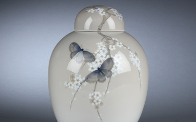 Royal Copenhagen. Lidded jar with butterflies and flowering branches, privately owned by Kgl. porcelain painter