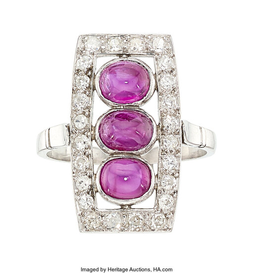 Ruby, Diamond, Platinum Ring The ring features oval-shaped ruby...