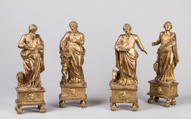 SCULPTURES en bois redoré figurant les quatre Évangélistes, posant sur bases rectangulaires, posant sur pieds...
