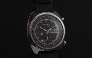 SEIKO Tropical réf. 6139-6002 Montre chronographe bracelet en acier. Boitier rond. Fond vissé. Cadran noir...