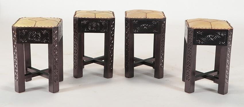 SET OF FOUR WOOD AND LEATHER STOOLS 1960