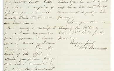 SHERMAN, WILLIAM TECUMSEH. Two items Signed, "W.T. Sherman," each to Assistant Secretary of...