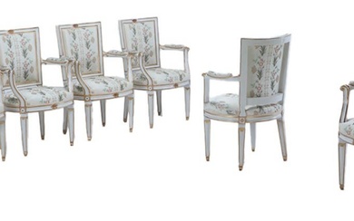 SIX QUALITY PAINTED AND GILT FRENCH OPEN ARM CHAIRS IN...