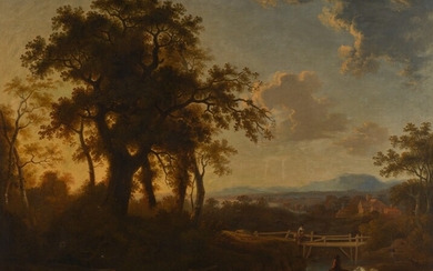 STUDIO OF GEORGE BARRET, R.A. | AN EXTENSIVE WOODED RIVER LANDSCAPE, WITH A TRAVELLER WATERING HIS HORSE IN THE FOREGROUND AND FIGURES ON A BRIDGE BEYOND