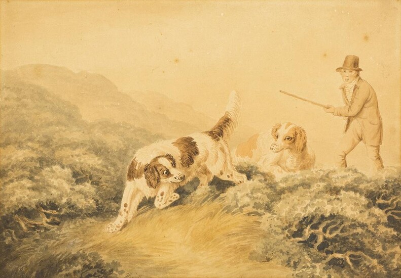 Samuel Howitt, British 1756-1822- A gun with his dogs; each pencil and watercolour on paper, each signed 'Howitt' (lower right and lower centre), each 22.8 x 33 cm., a pair (2). Provenance: Private Collection, UK.