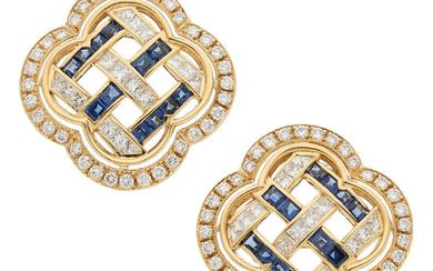 Sapphire, Diamond, Gold Earrings Stones: Square and calibré-cut sapphires...