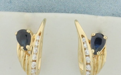 Sapphire and Diamond Swoop Earrings in 14k Yellow Gold