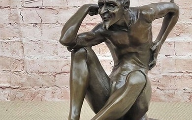 Seated Nude Devil Satan Fawn Satyr Bronze Sculpture Statue Original Art on Marble Base
