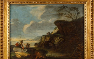 Seguace di Salvator Rosa (1615 – 1673), Paesaggio con Soldati, XVII secolo,...