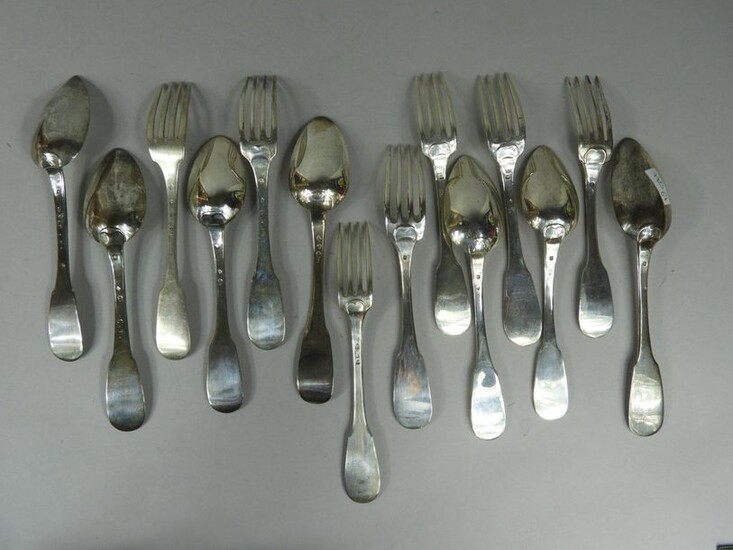 Seven Minerva silver serving forks and seven spoons, single flat model, weight: 950gr