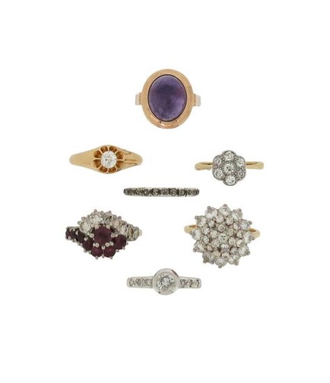 Seven gem-set rings, including a diamond cluster ring,...
