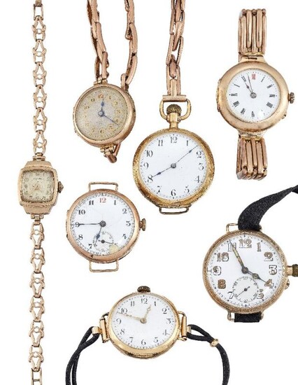 Seven various gold wristwatches, comprising: a late...