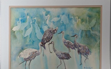 Signed And Dated Florida Artist Mary Jo Weale Watercolor Crane Painting, 1990