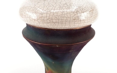 Peter Quinn Raku Crackle Glazed Lidded Vessel with Copper Wire Accents