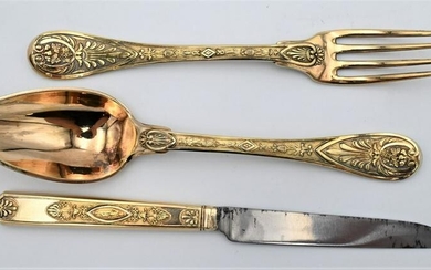 Silver Vermeil Travelling Knife, Fork and Spoon Set, in