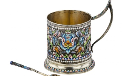 Silver glass holder with a spoon decorated with cloisonne enamel....