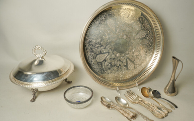 Silverplate Tray, Covered Dish and Flatware