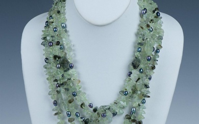 Six-Strand Rutilated Green Quartz & Blue Pearl Necklace
