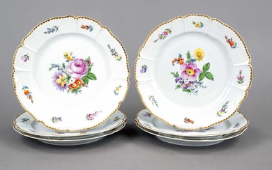 Six dinner plates, Nymphenburg, mark 1925-75, rococo shape, polychrome floral painting, gold