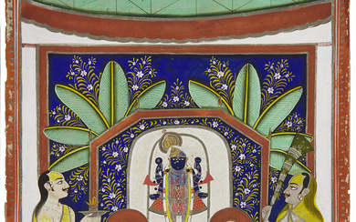 Srinathji priests, Nathdwara, circa 1910, opaque pigments and silver and...