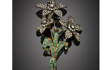 Step cut rectangular emerald and rose cut diamond silver and gold flower brooch, the detachable flowers can be used as...