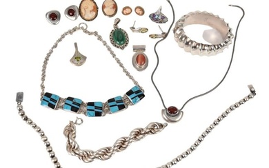 Sterling Silver Lot 296 grams. Necklace, Bracelet, Earrings, Pendant, Cameo, Rings.